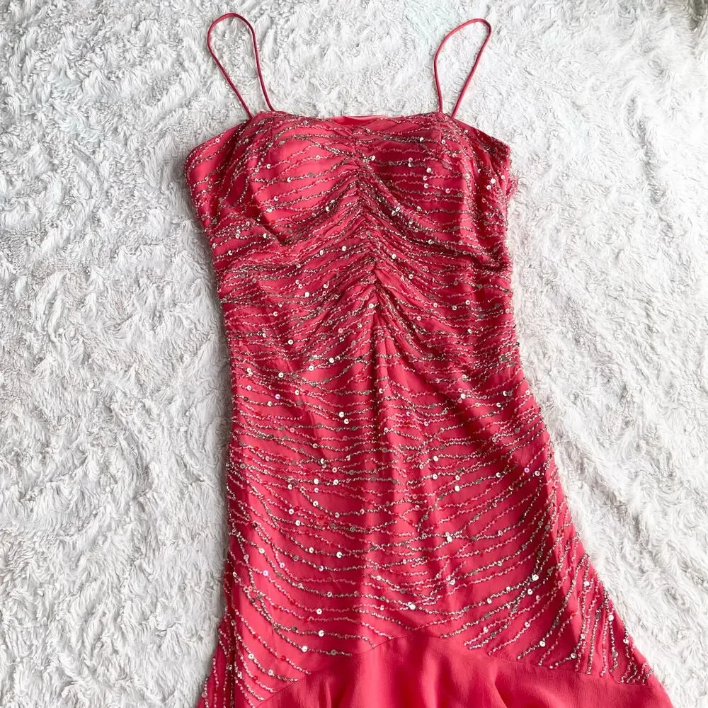 Scala prom dress coral pink 100% silk ruffle hem slip gown beaded sequin‎ formal